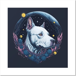 White Pitbull Dog at Night Time Posters and Art